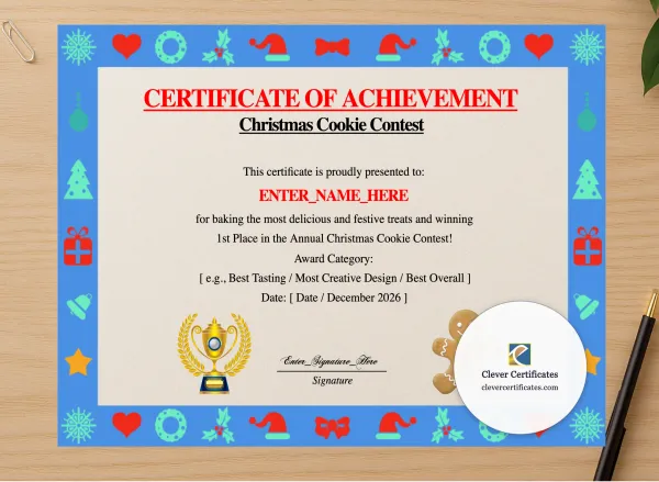 Professional preview of Christmas Cookie Contest Winner Certificate certificate on high-quality stationery paper, ideal for showcasing the final look.