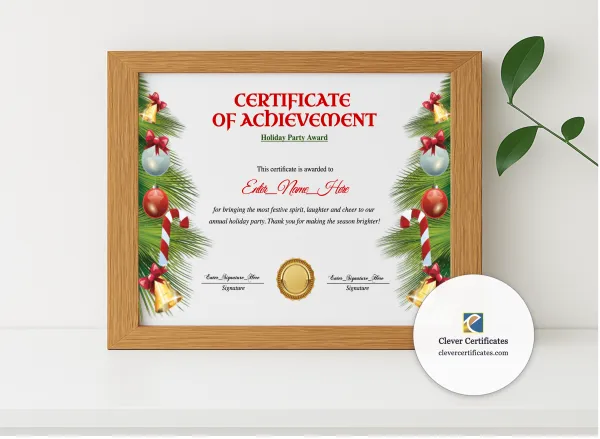 Realistic mockup featuring Holiday Party Award Certificate displayed within a modern frame, set against a minimalistic background.
