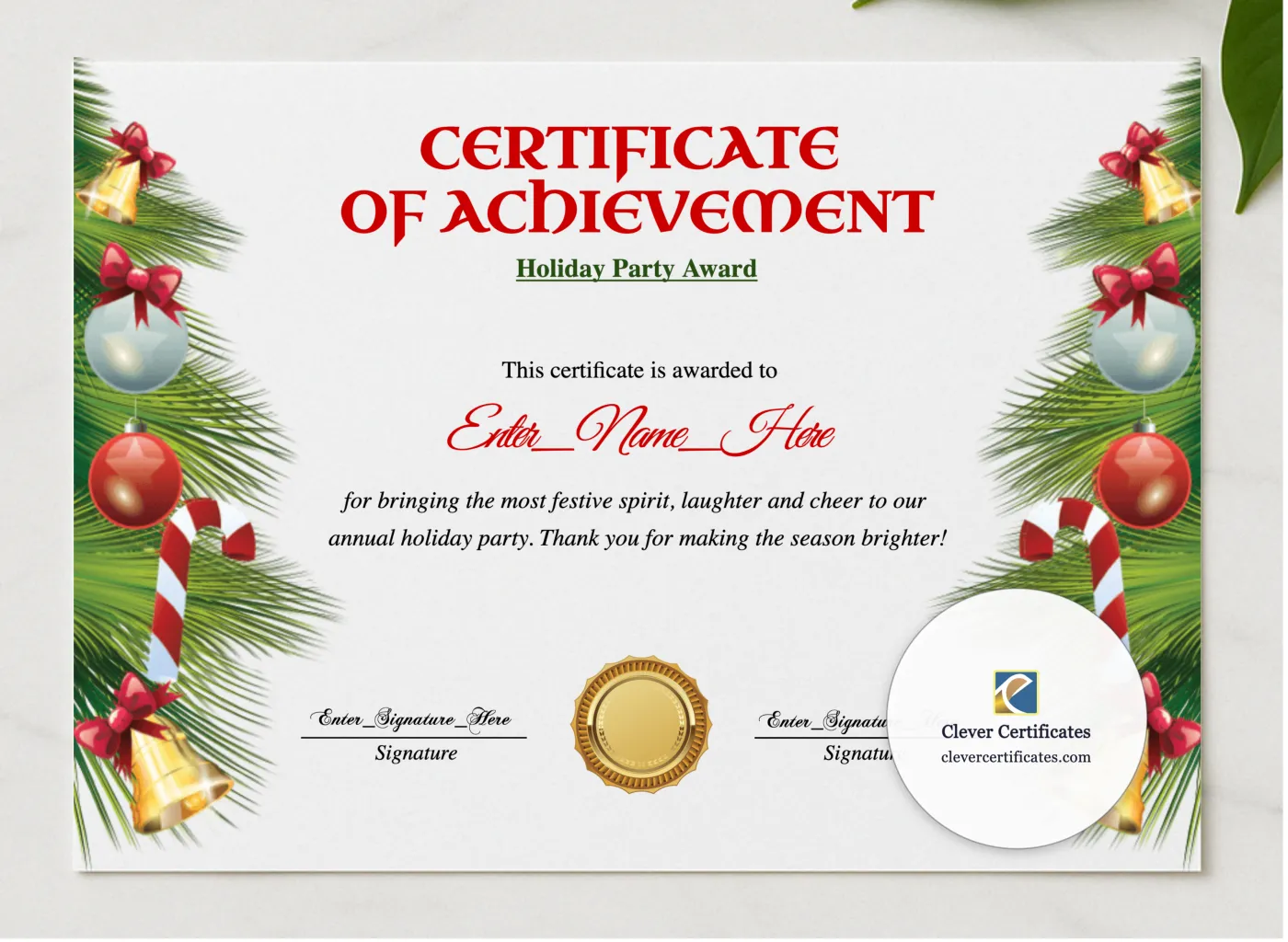 Holiday Party Award Certificate presented in a sleek wooden frame, elegantly arranged on a stylish table.