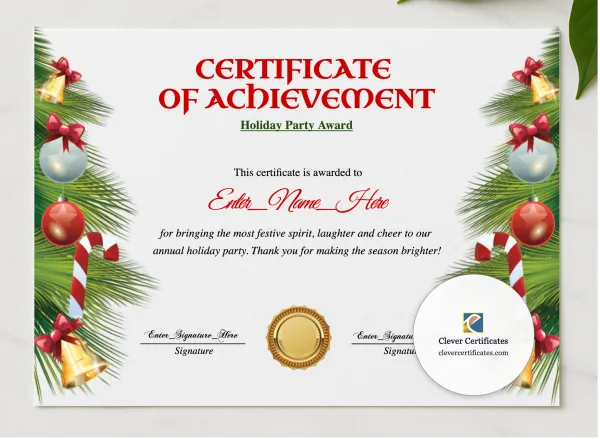 Holiday Party Award Certificate presented in a sleek wooden frame, elegantly arranged on a stylish table.