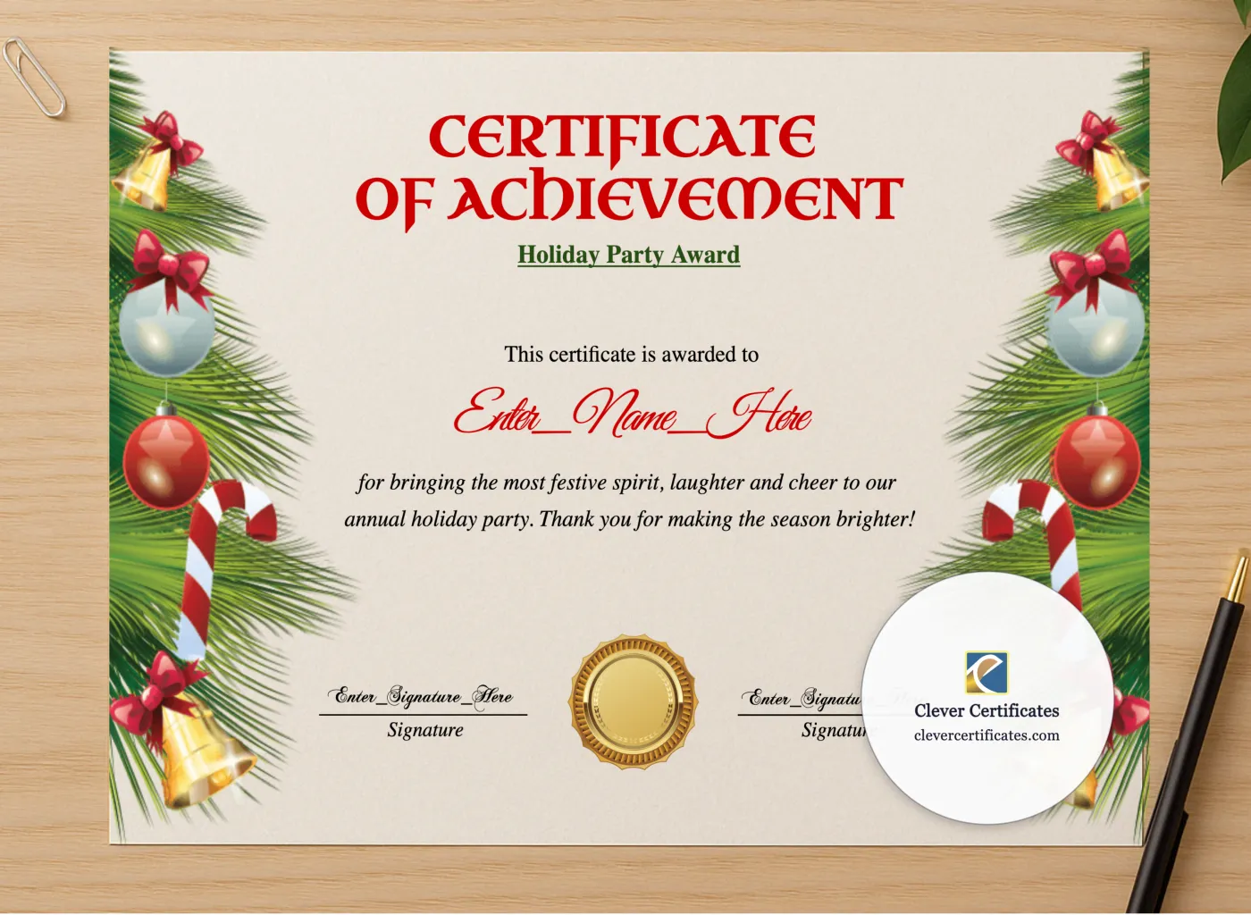 Professional preview of Holiday Party Award Certificate certificate on high-quality stationery paper, ideal for showcasing the final look.