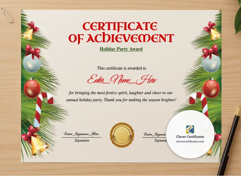Professional preview of Holiday Party Award Certificate certificate on high-quality stationery paper, ideal for showcasing the final look.