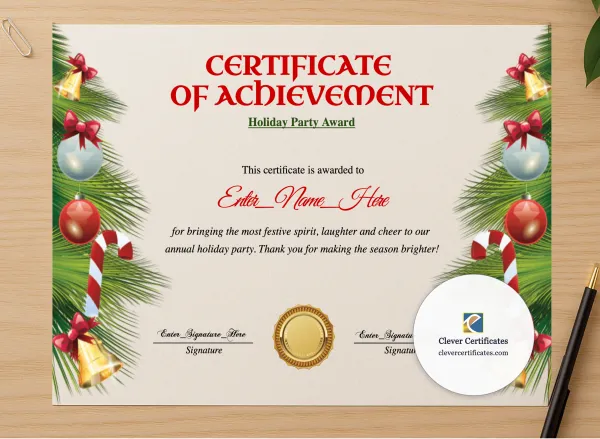 Professional preview of Holiday Party Award Certificate certificate on high-quality stationery paper, ideal for showcasing the final look.