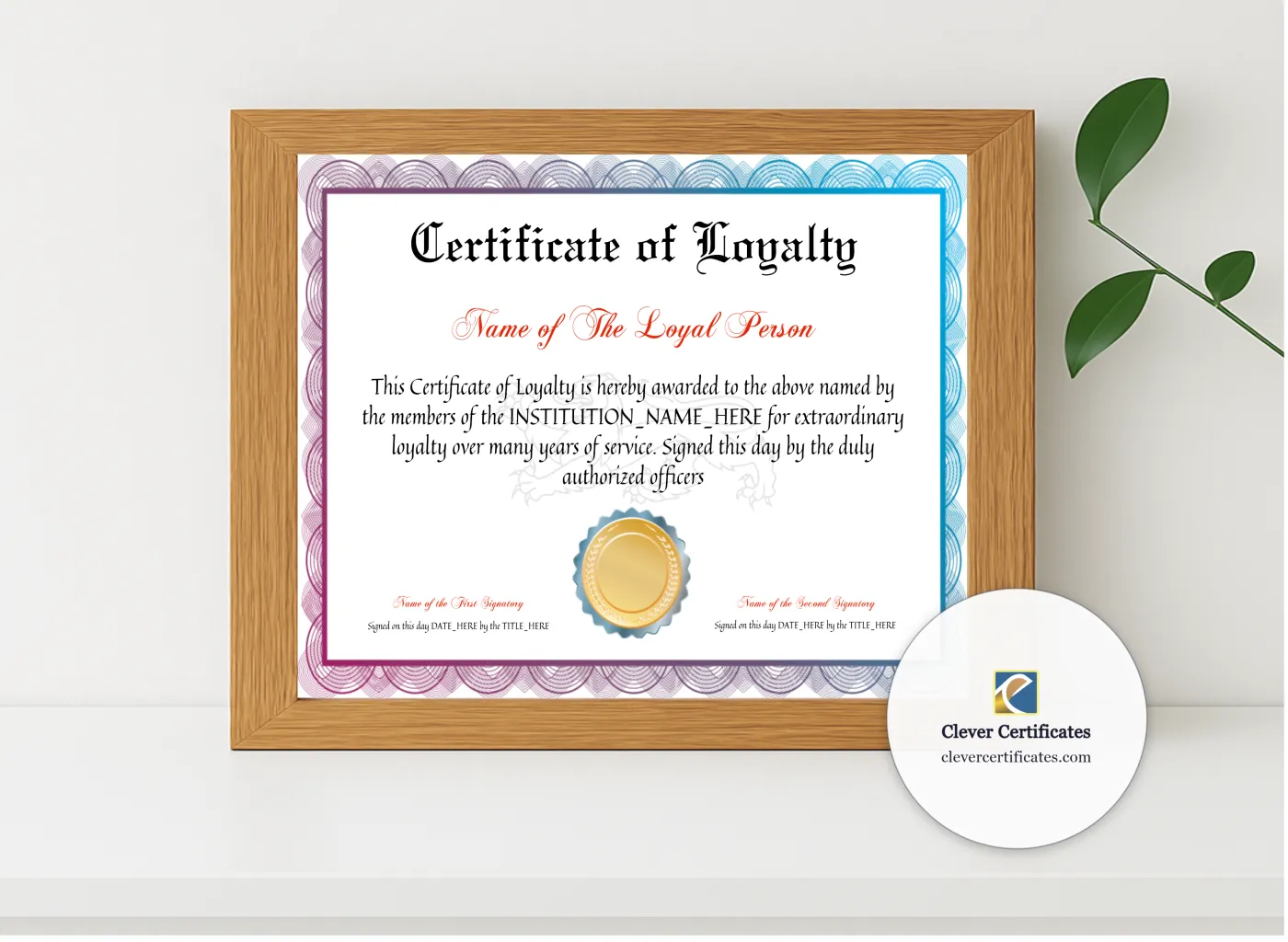 Realistic mockup featuring Certificate Of Loyalty displayed within a modern frame, set against a minimalistic background.