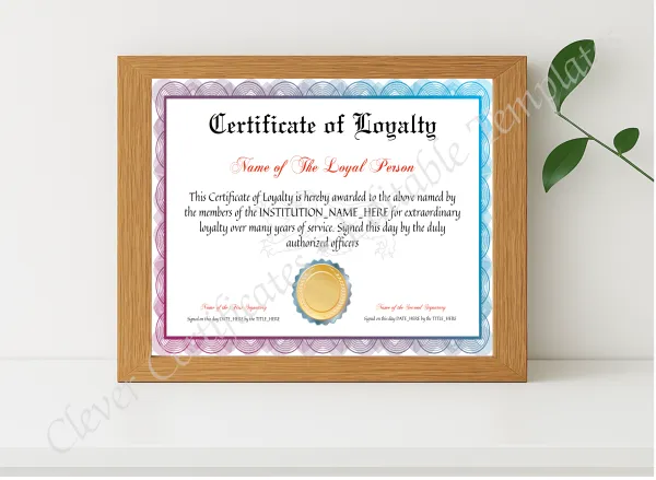 Realistic mockup featuring Certificate Of Loyalty displayed within a modern frame, set against a minimalistic background.