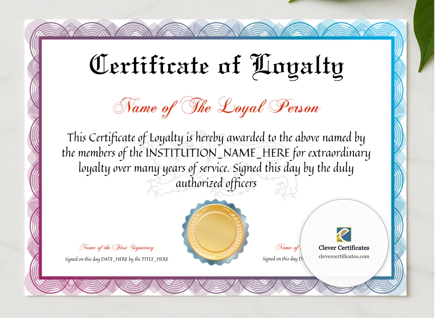 Certificate Of Loyalty presented in a sleek wooden frame, elegantly arranged on a stylish table.