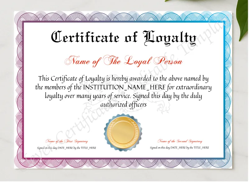 Certificate Of Loyalty presented in a sleek wooden frame, elegantly arranged on a stylish table.