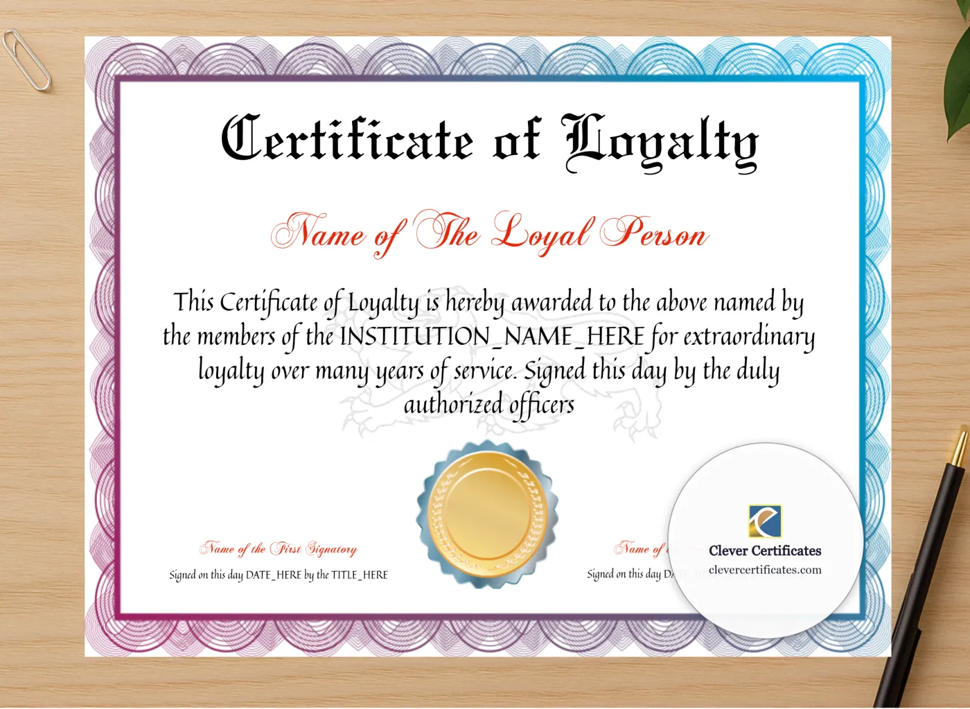 Professional preview of Certificate Of Loyalty certificate on high-quality stationery paper, ideal for showcasing the final look.