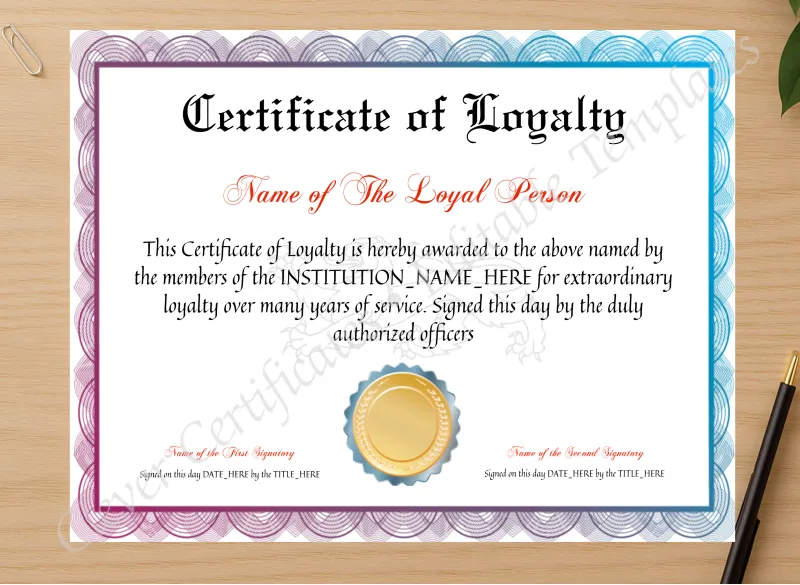Professional preview of Certificate Of Loyalty certificate on high-quality stationery paper, ideal for showcasing the final look.