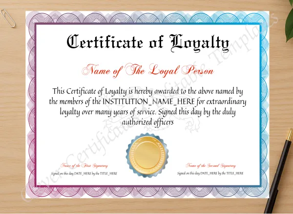Professional preview of Certificate Of Loyalty certificate on high-quality stationery paper, ideal for showcasing the final look.