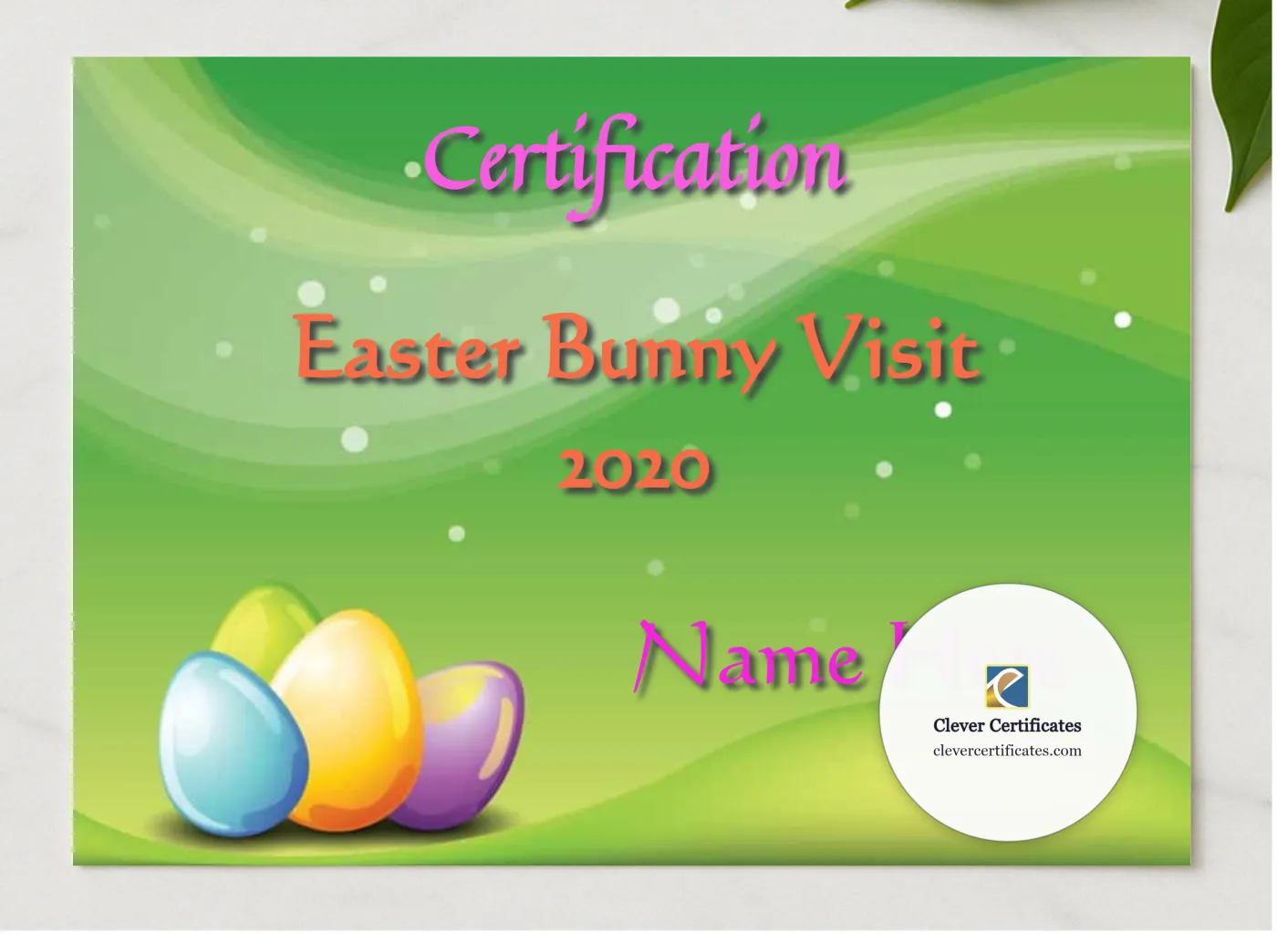 Easter Bunny Visit Award presented in a sleek wooden frame, elegantly arranged on a stylish table.