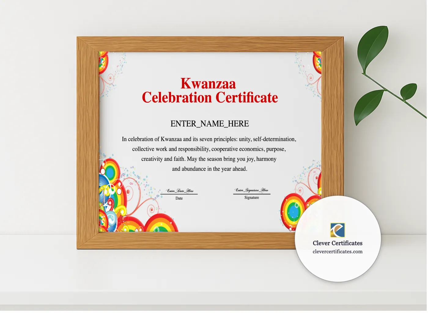 Realistic mockup featuring Kwanzaa Celebration Certificate displayed within a modern frame, set against a minimalistic background.