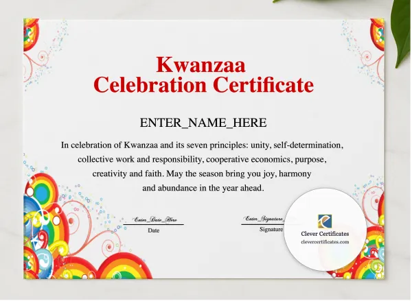 Kwanzaa Celebration Certificate presented in a sleek wooden frame, elegantly arranged on a stylish table.