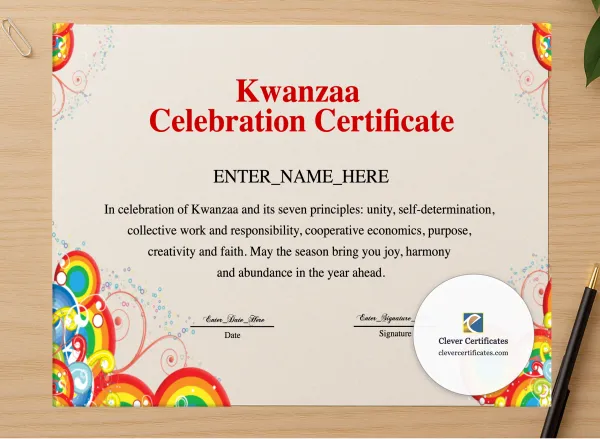 Professional preview of Kwanzaa Celebration Certificate certificate on high-quality stationery paper, ideal for showcasing the final look.