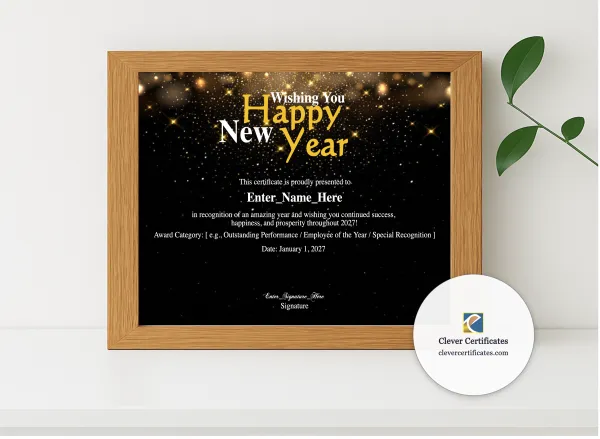Realistic mockup featuring Happy New Year 2027 Certificate displayed within a modern frame, set against a minimalistic background.