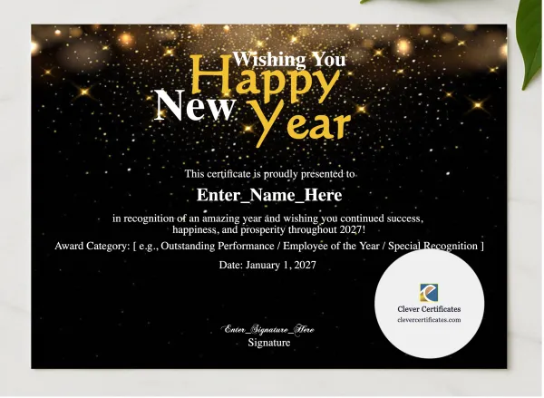 Happy New Year 2027 Certificate presented in a sleek wooden frame, elegantly arranged on a stylish table.