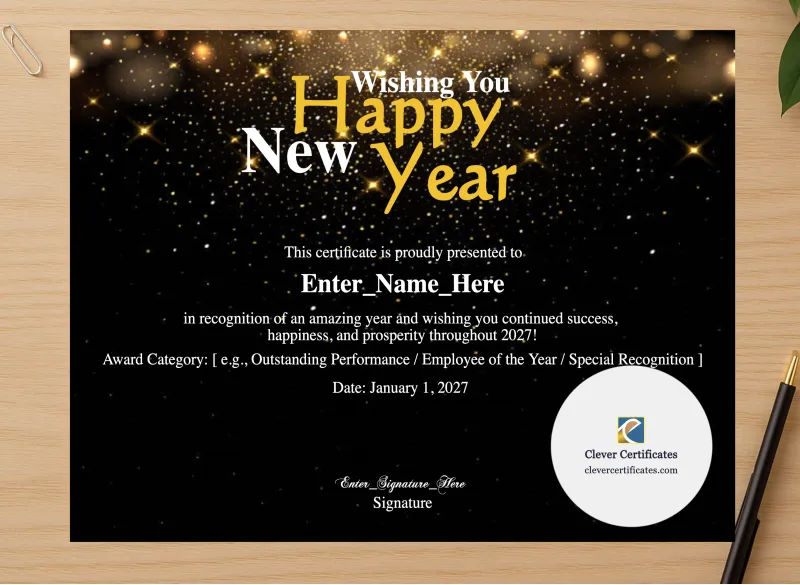 Professional preview of Happy New Year 2027 Certificate certificate on high-quality stationery paper, ideal for showcasing the final look.
