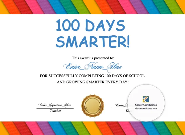 Free 100th Day of School Certificate