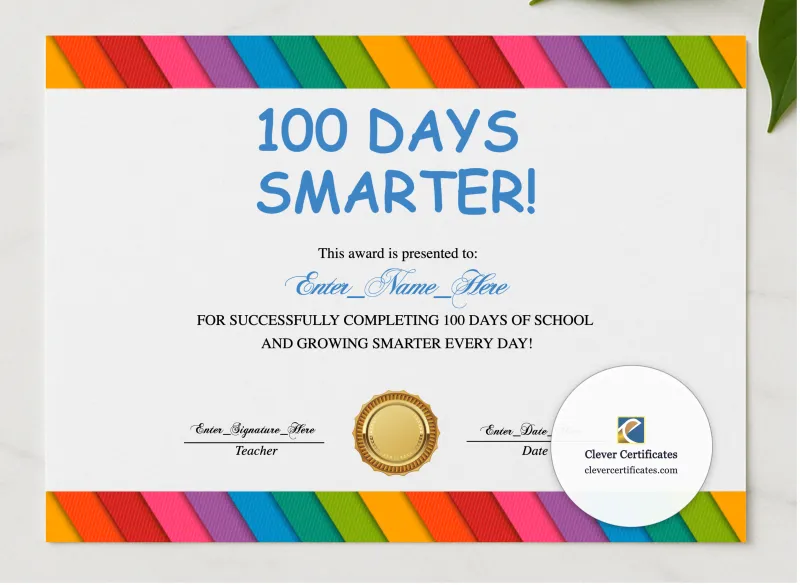 100th Day Of School Certificate presented in a sleek wooden frame, elegantly arranged on a stylish table.