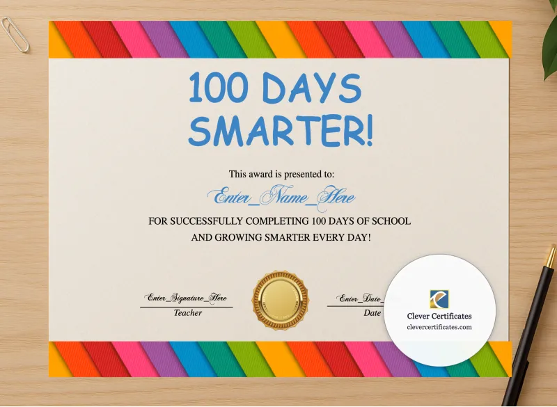 Professional preview of 100th Day Of School Certificate certificate on high-quality stationery paper, ideal for showcasing the final look.
