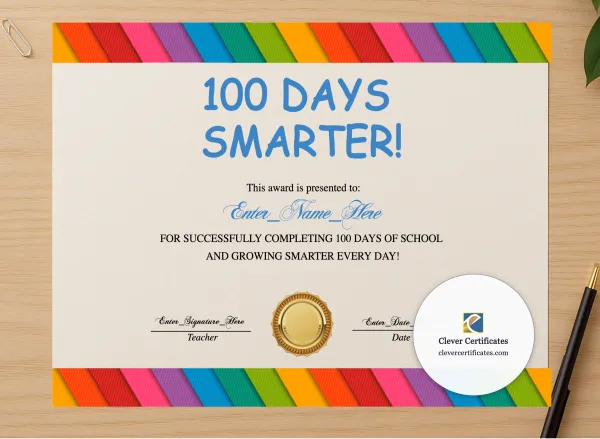 Professional preview of 100th Day Of School Certificate certificate on high-quality stationery paper, ideal for showcasing the final look.