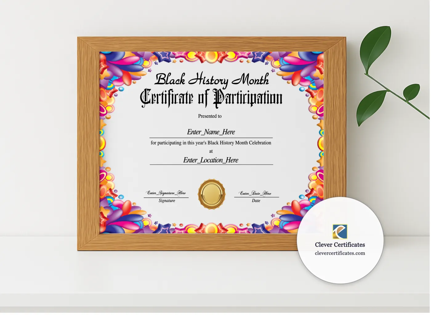 Realistic mockup featuring Black History Month Participation Certificate displayed within a modern frame, set against a minimalistic background.