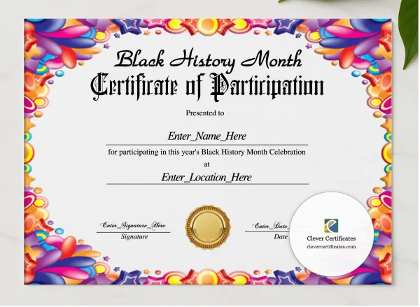 Black History Month Participation Certificate presented in a sleek wooden frame, elegantly arranged on a stylish table.