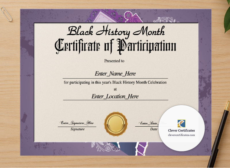 Professional preview of Black History Month Participation Certificate certificate on high-quality stationery paper, ideal for showcasing the final look.