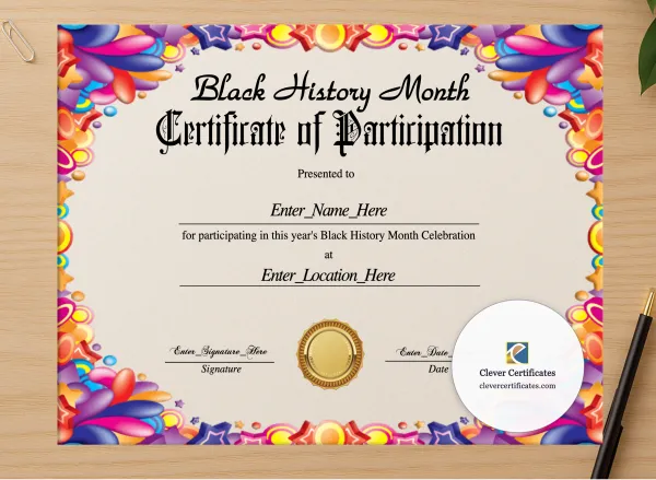 Professional preview of Black History Month Participation Certificate certificate on high-quality stationery paper, ideal for showcasing the final look.