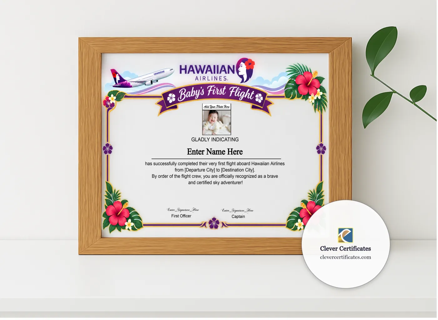 Realistic mockup featuring Hawaiian Airlines Baby First Flight Certificate Landscape displayed within a modern frame, set against a minimalistic background.