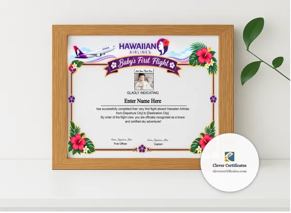 Realistic mockup featuring Hawaiian Airlines Baby First Flight Certificate Landscape displayed within a modern frame, set against a minimalistic background.