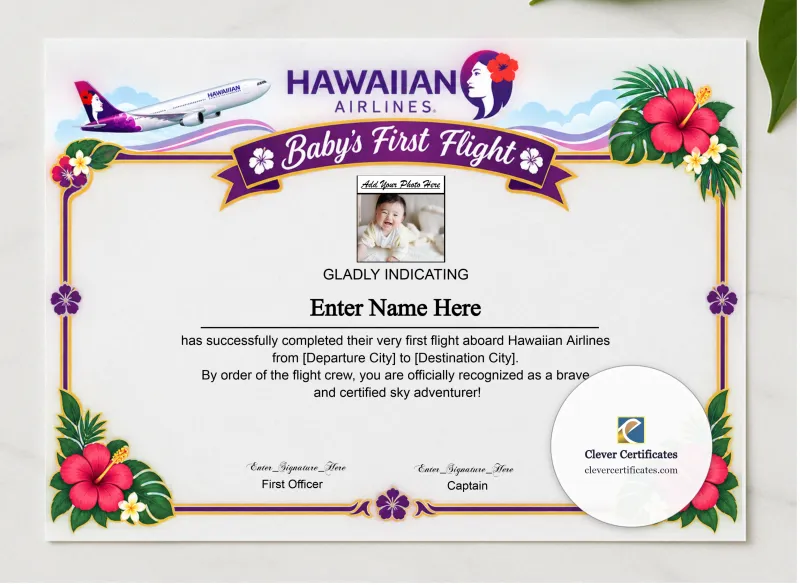 Hawaiian Airlines Baby First Flight Certificate Landscape presented in a sleek wooden frame, elegantly arranged on a stylish table.