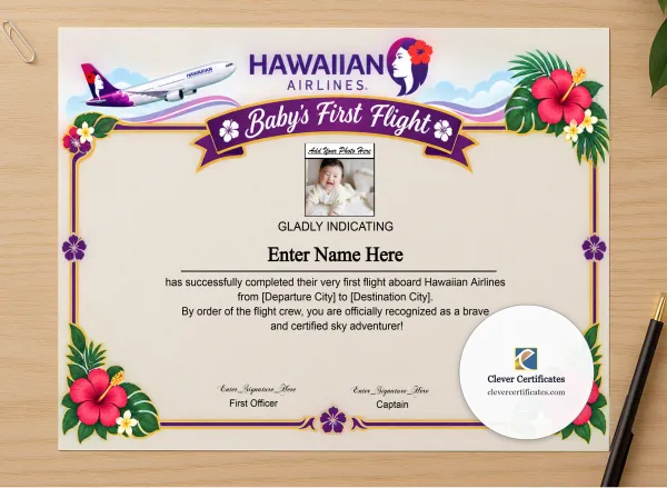 Professional preview of Hawaiian Airlines Baby First Flight Certificate Landscape certificate on high-quality stationery paper, ideal for showcasing the final look.