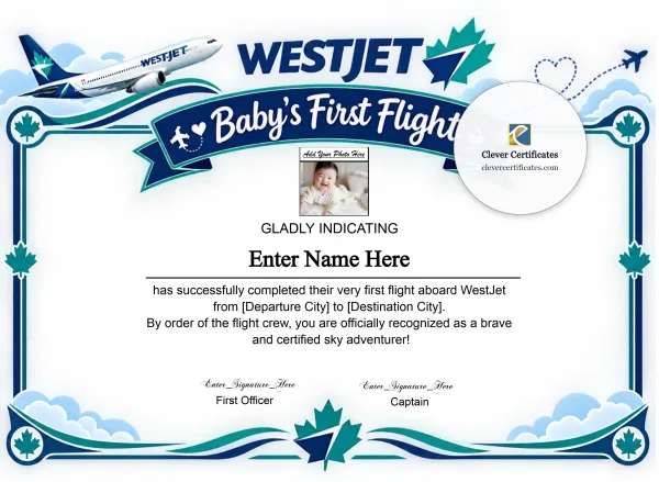 Free WestJet Baby First Flight Certificate — Landscape
