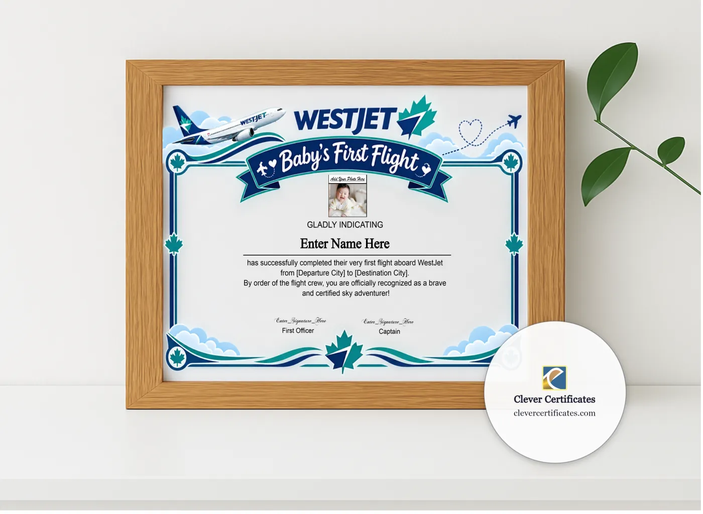 Realistic mockup featuring WestJet Baby First Flight Certificate Landscape displayed within a modern frame, set against a minimalistic background.