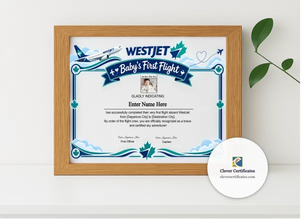 Realistic mockup featuring WestJet Baby First Flight Certificate Landscape displayed within a modern frame, set against a minimalistic background.