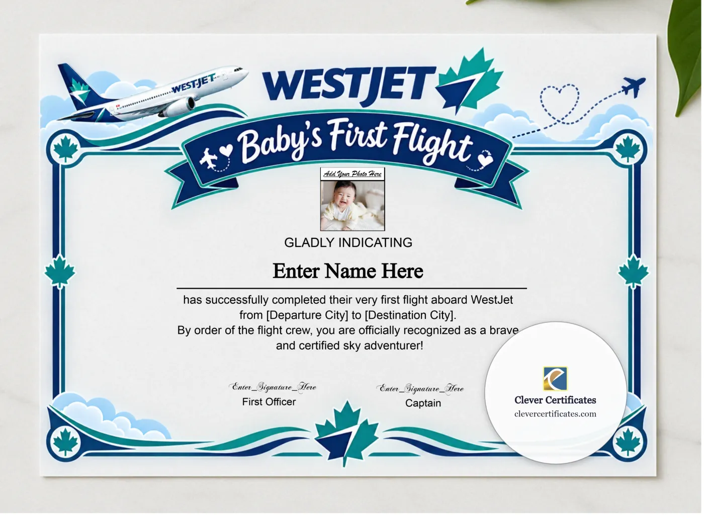 WestJet Baby First Flight Certificate Landscape presented in a sleek wooden frame, elegantly arranged on a stylish table.