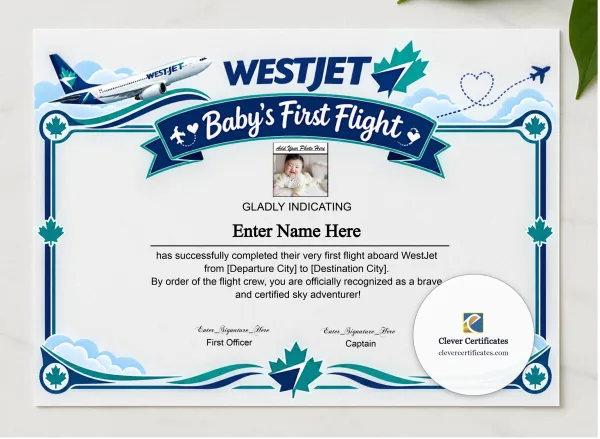 WestJet Baby First Flight Certificate Landscape presented in a sleek wooden frame, elegantly arranged on a stylish table.
