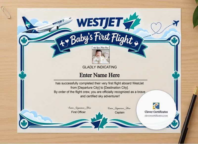 Professional preview of WestJet Baby First Flight Certificate Landscape certificate on high-quality stationery paper, ideal for showcasing the final look.
