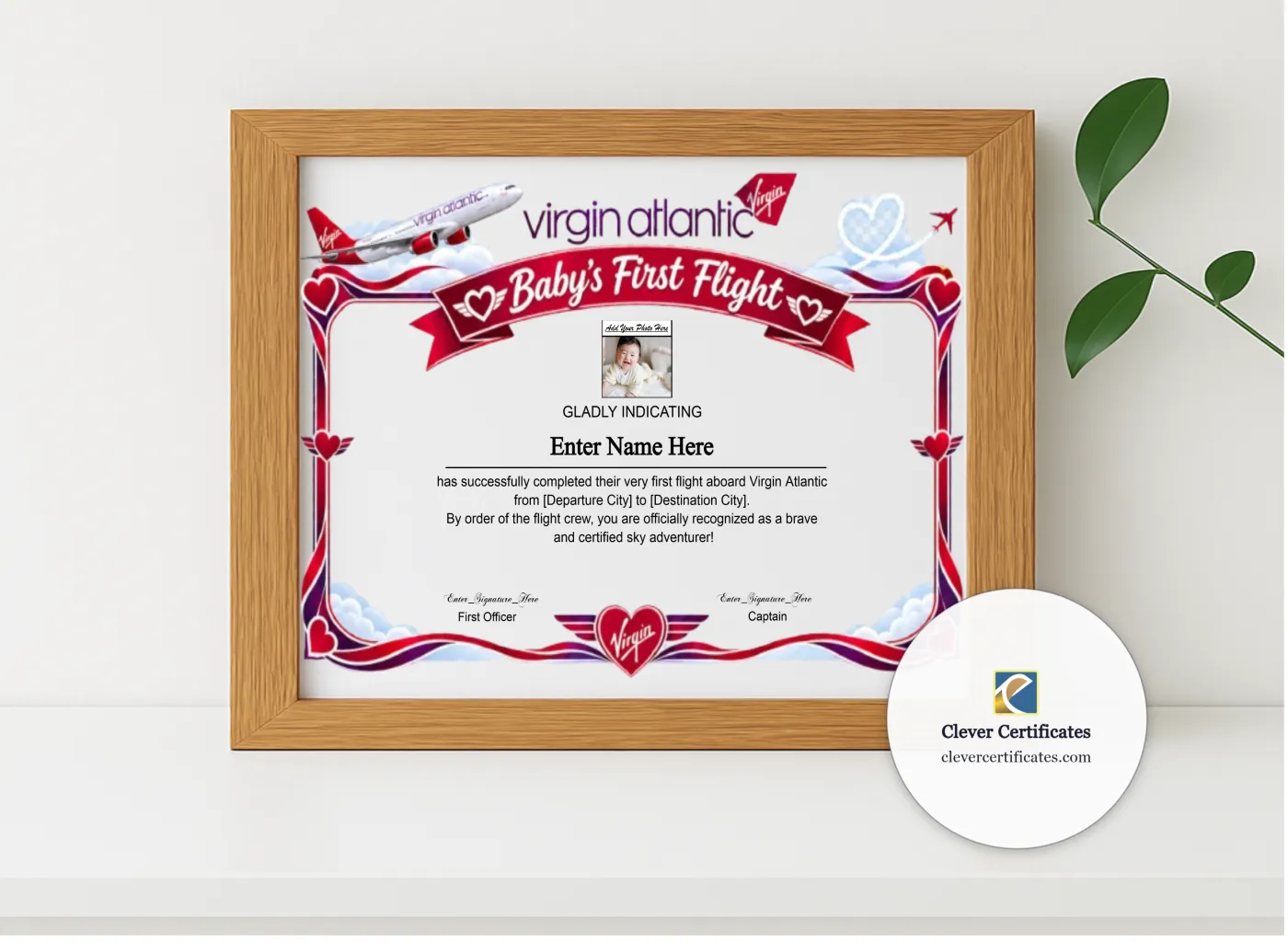 Realistic mockup featuring Virgin Atlantic Baby First Flight Certificate Landscape displayed within a modern frame, set against a minimalistic background.
