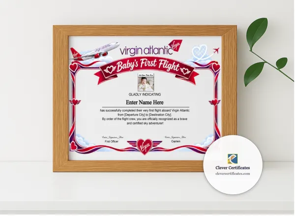 Realistic mockup featuring Virgin Atlantic Baby First Flight Certificate Landscape displayed within a modern frame, set against a minimalistic background.