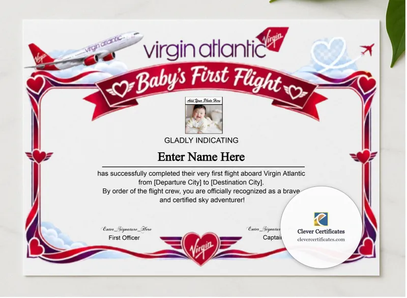 Virgin Atlantic Baby First Flight Certificate Landscape presented in a sleek wooden frame, elegantly arranged on a stylish table.