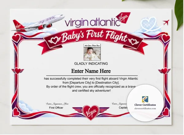 Virgin Atlantic Baby First Flight Certificate Landscape presented in a sleek wooden frame, elegantly arranged on a stylish table.