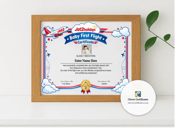 Realistic mockup featuring Jet2 Baby First Flight Certificate Landscape displayed within a modern frame, set against a minimalistic background.