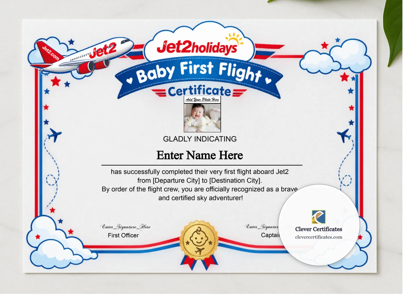 Jet2 Baby First Flight Certificate Landscape presented in a sleek wooden frame, elegantly arranged on a stylish table.