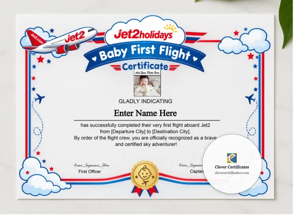 Jet2 Baby First Flight Certificate Landscape presented in a sleek wooden frame, elegantly arranged on a stylish table.