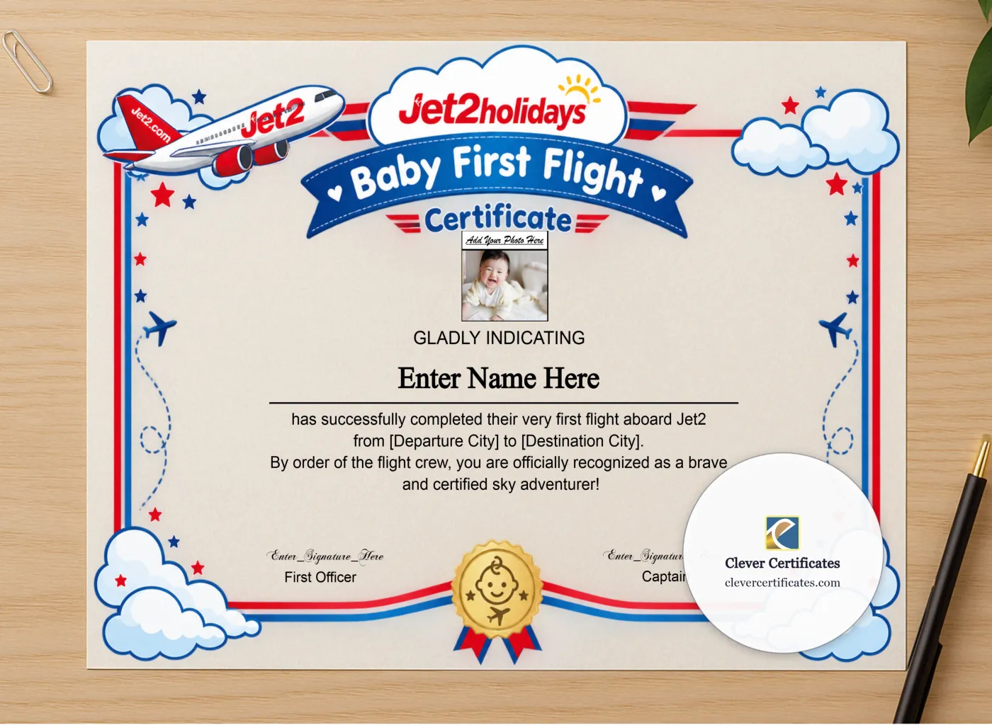 Professional preview of Jet2 Baby First Flight Certificate Landscape certificate on high-quality stationery paper, ideal for showcasing the final look.