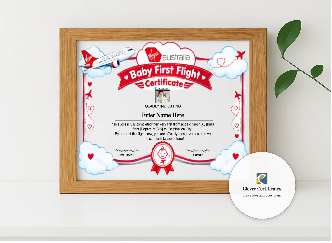 Realistic mockup featuring Virgin Australia Baby First Flight Certificate Landscape displayed within a modern frame, set against a minimalistic background.