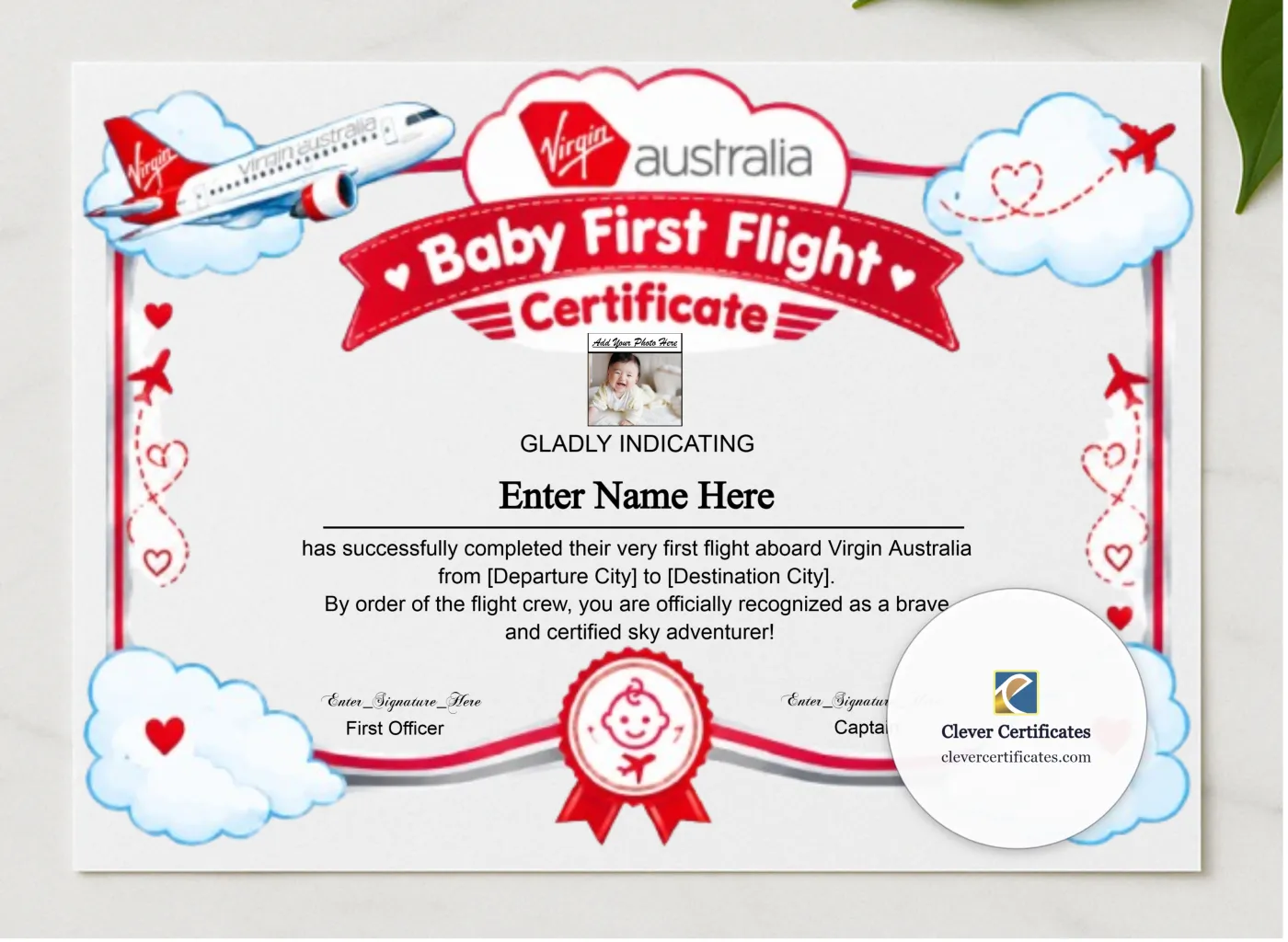 Virgin Australia Baby First Flight Certificate Landscape presented in a sleek wooden frame, elegantly arranged on a stylish table.