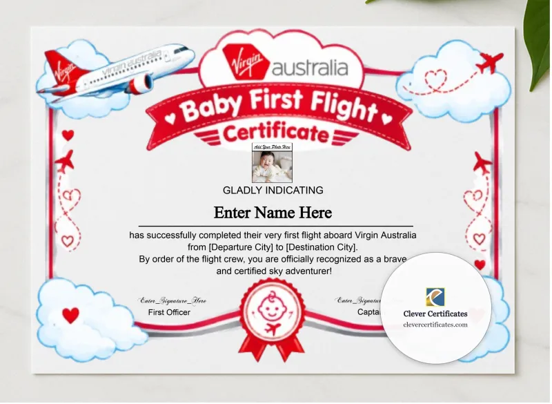 Virgin Australia Baby First Flight Certificate Landscape presented in a sleek wooden frame, elegantly arranged on a stylish table.